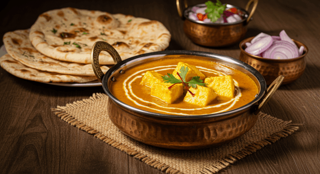 Shahi Paneer Recipe, A Royal Delight for Special Occasions 2 Shahi Paneer recipe served in a copper bowl with naan and salad on a rustic table