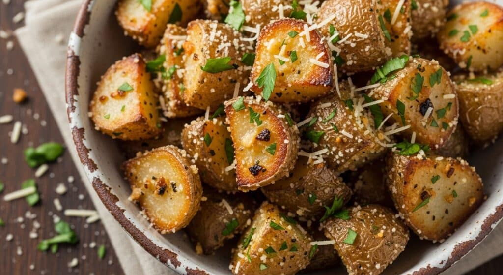 Air fryer garlic Parmesan potatoes served in a bowl