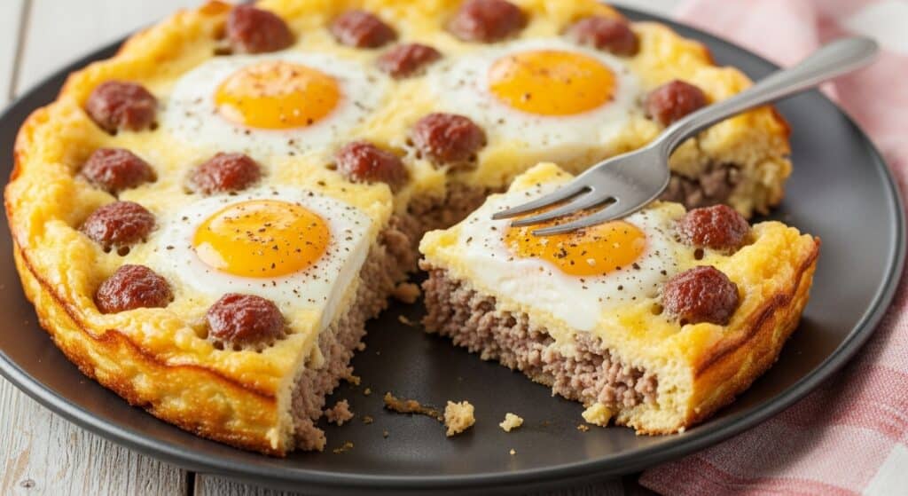 Easy Sausage and Egg Casserole baked in a 9x13 pan