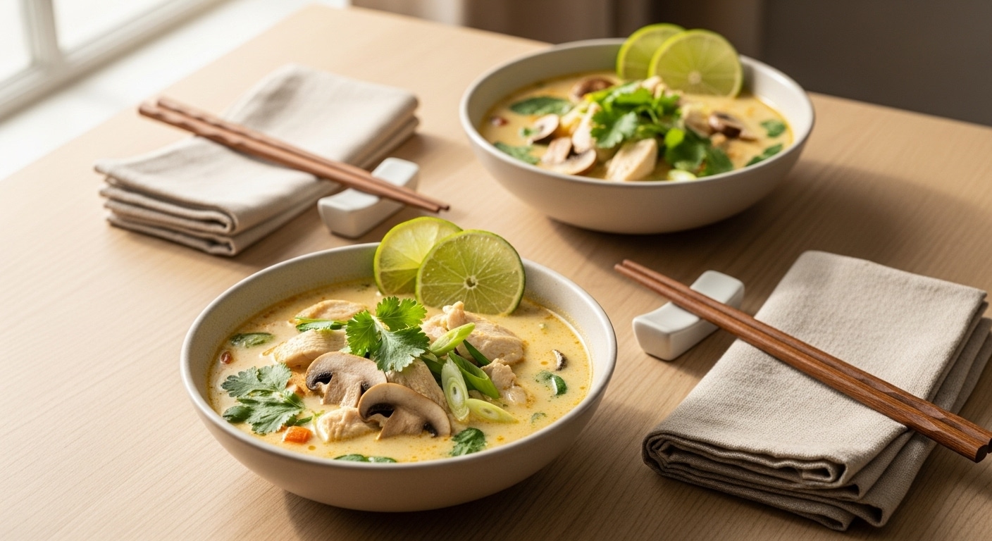 Creamy Easy Thai Chicken Soup with coconut milk, curry paste, noodles, and fresh herbs in a white bowl.