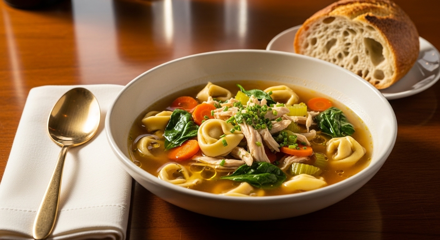 Hearty Best Chicken Tortellini Soup Recipe with shredded chicken and fresh herbs