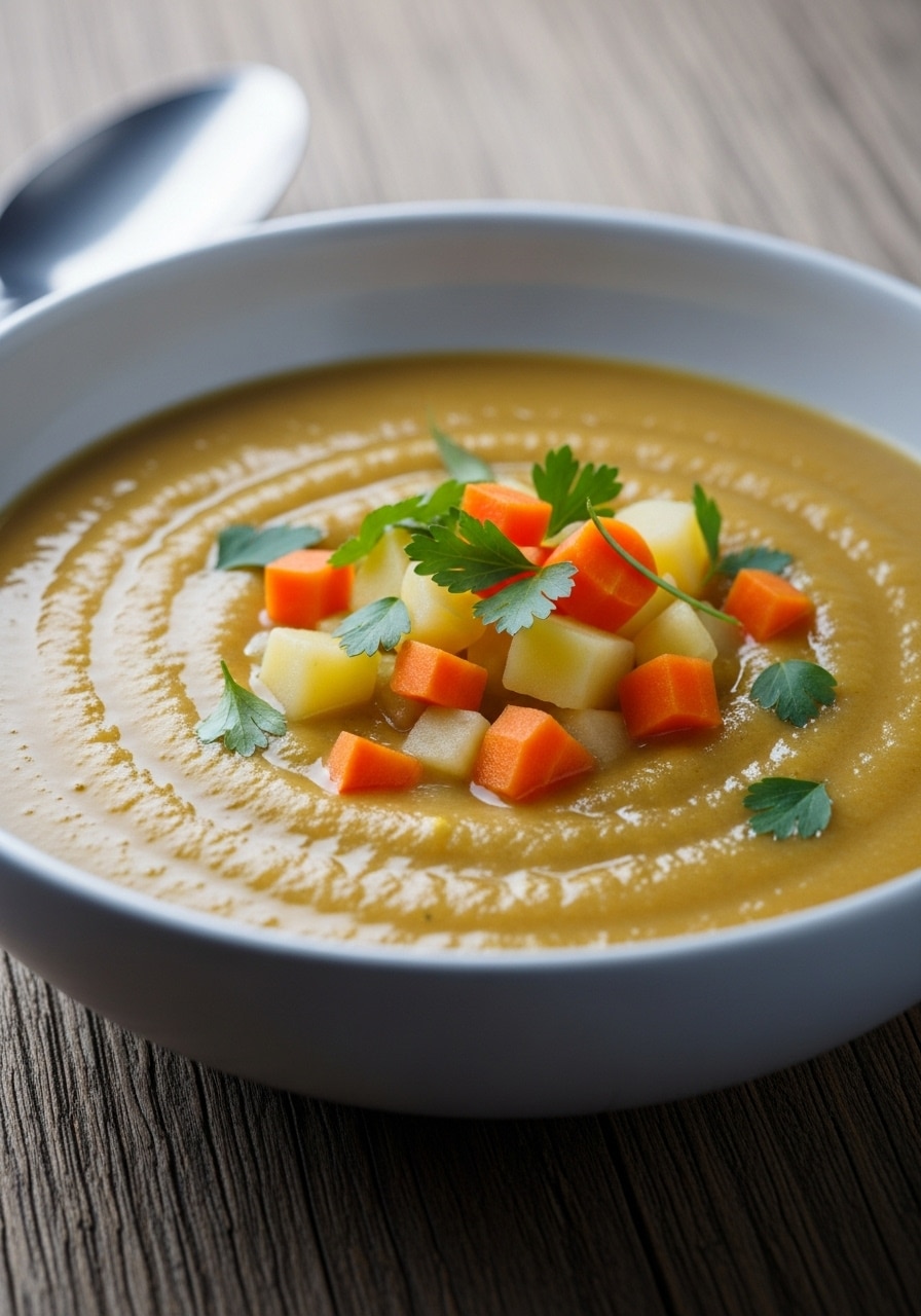 Colorful vegetable soup with potatoes, carrots, green beans, and kale