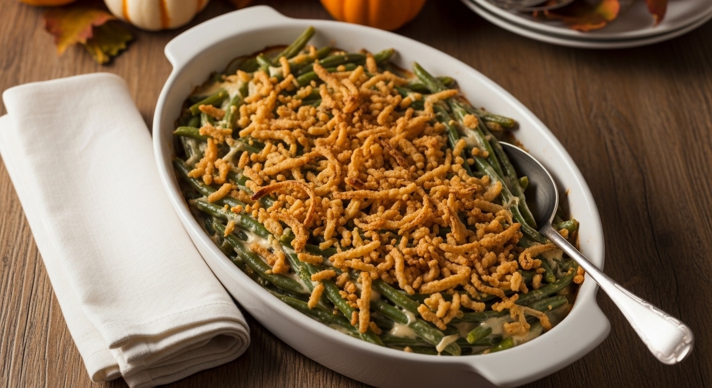 Southern Green Bean Casserole topped with golden fried onions for Thanksgiving