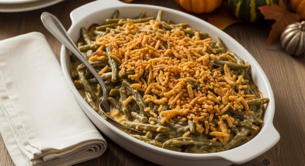 Southern Green Bean Casserole for Thanksgiving topped with golden fried onions for Thanksgiving