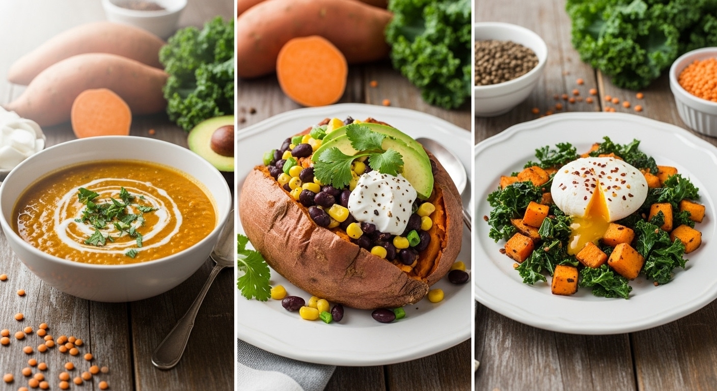 Whole healty sweet potatoes recipes on a tray with golden caramelized edges.