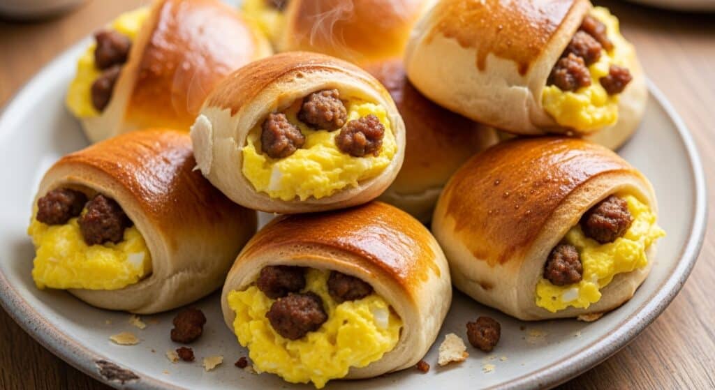 Sausage Egg Breakfast Rolls, Freshly sausage and egg breakfast rolls on a baking sheet with melted cheese and golden brown crescent dough