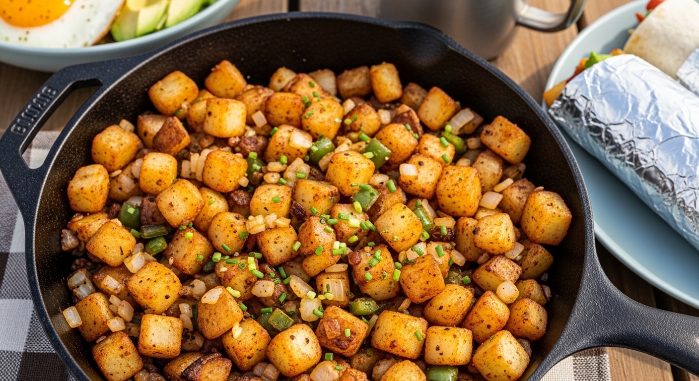 Skillet of crispy homemade Easiest Breakfast Potatoes Ever with herbs