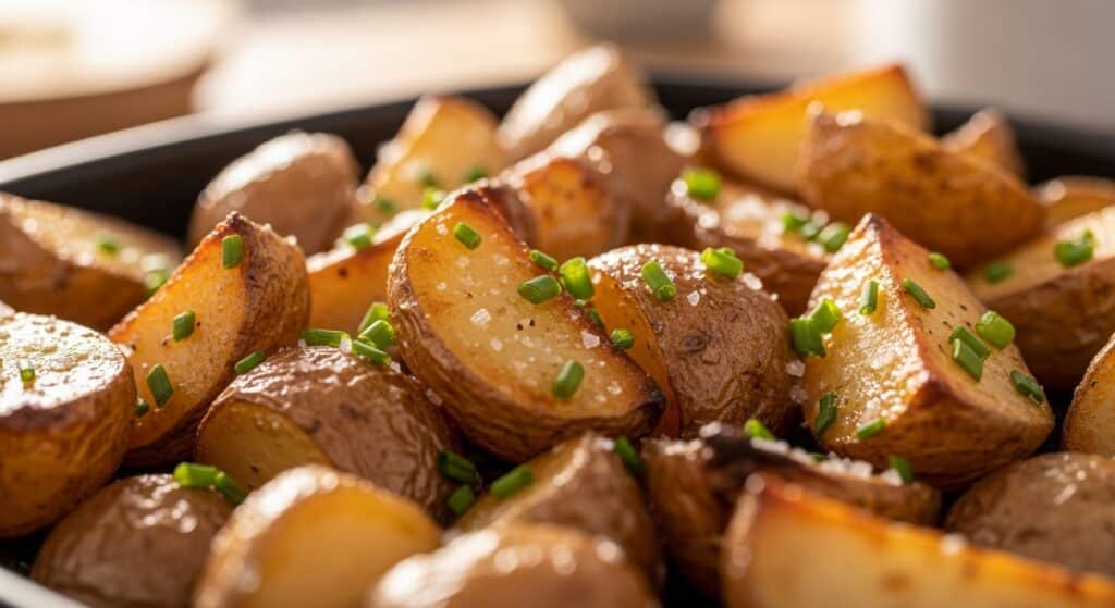 Golden crispy air fryer breakfast potatoes seasoned and served warm.