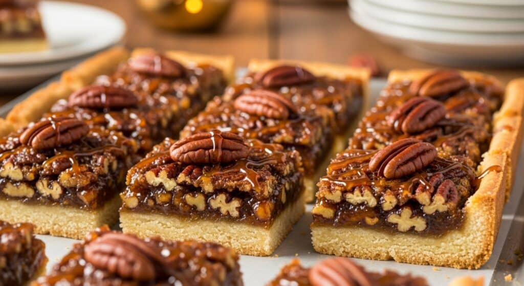 Stack of Salted Maple Pecan Pie Bars with a dollop of whipped cream and sprinkle of flaky sea salt
