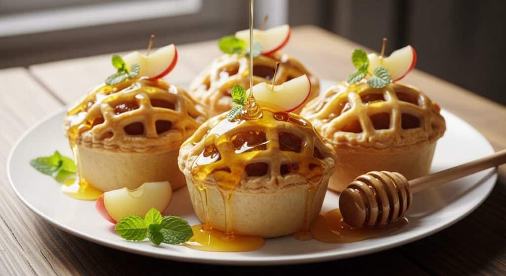 Mini Apple Pies with lattice tops and spiced apple filling, perfect for Autumn Apple Desserts, Honey Apple Pie, and Thanksgiving Small Desserts