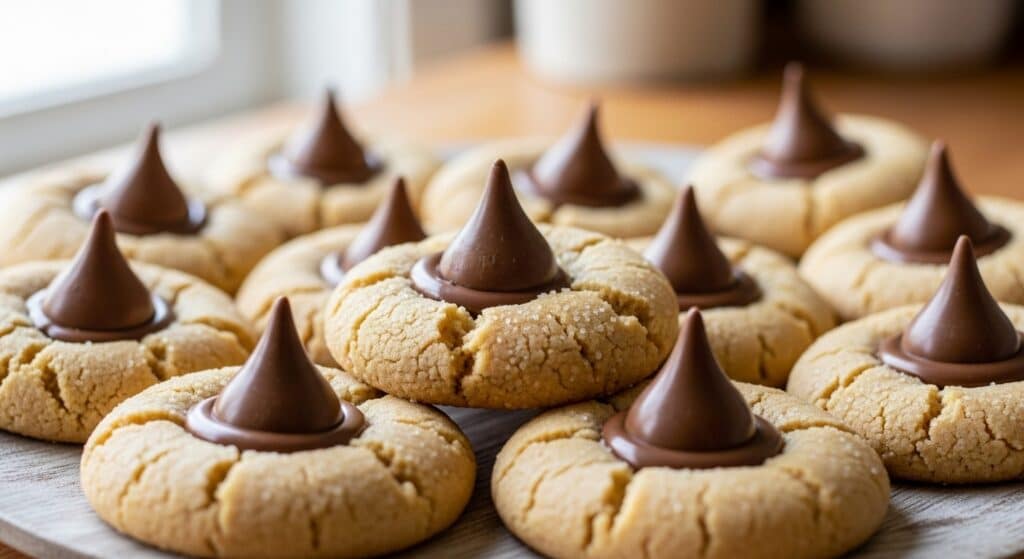 Soft peanut butter blossom cookies topped with chocolate drops on a holiday baking tray.
