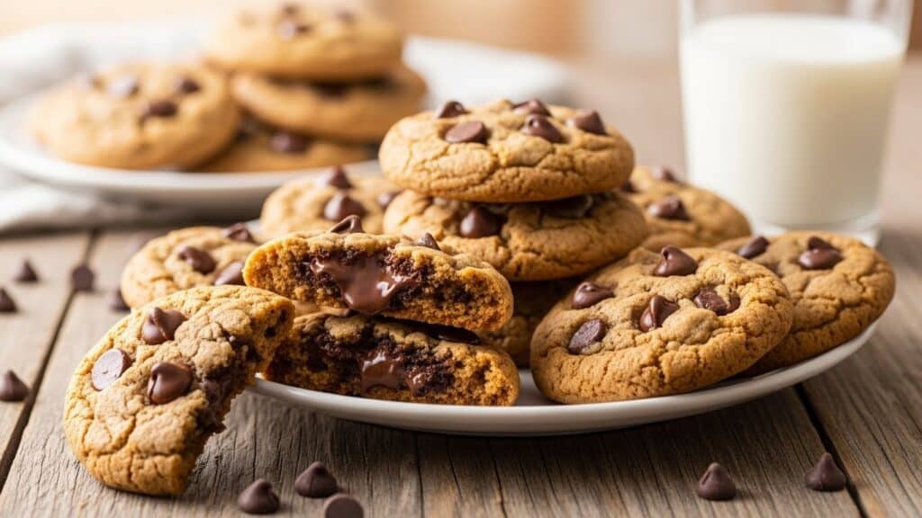 Soft, chewy chocolate chip cookies cooling on a rack with melted chocolate.