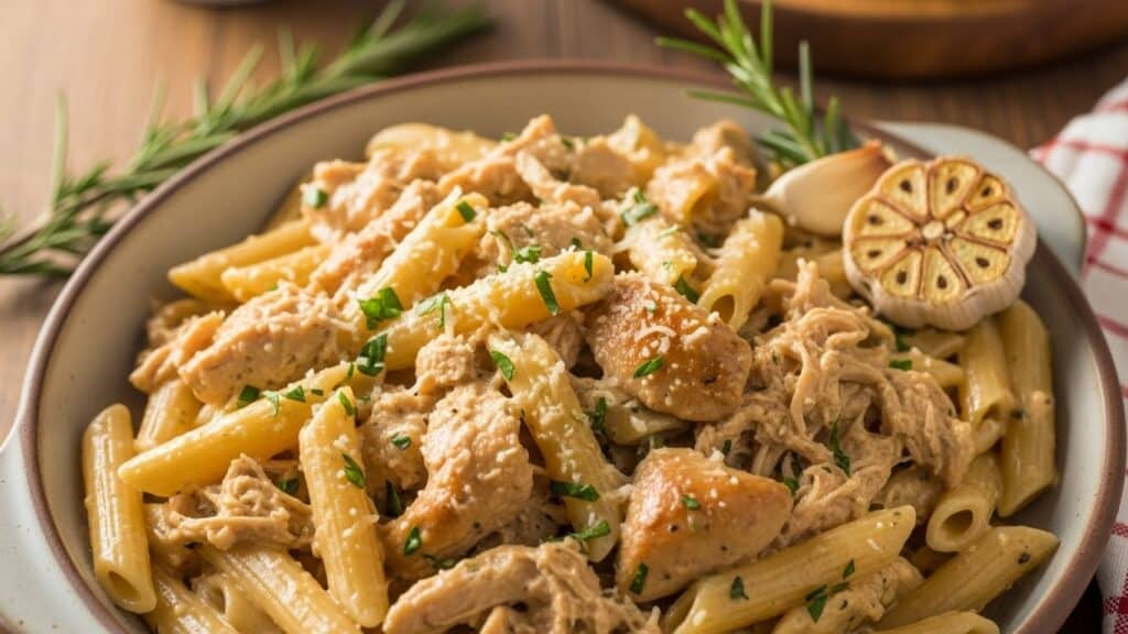 Crockpot Garlic Parmesan Chicken Pasta with creamy sauce