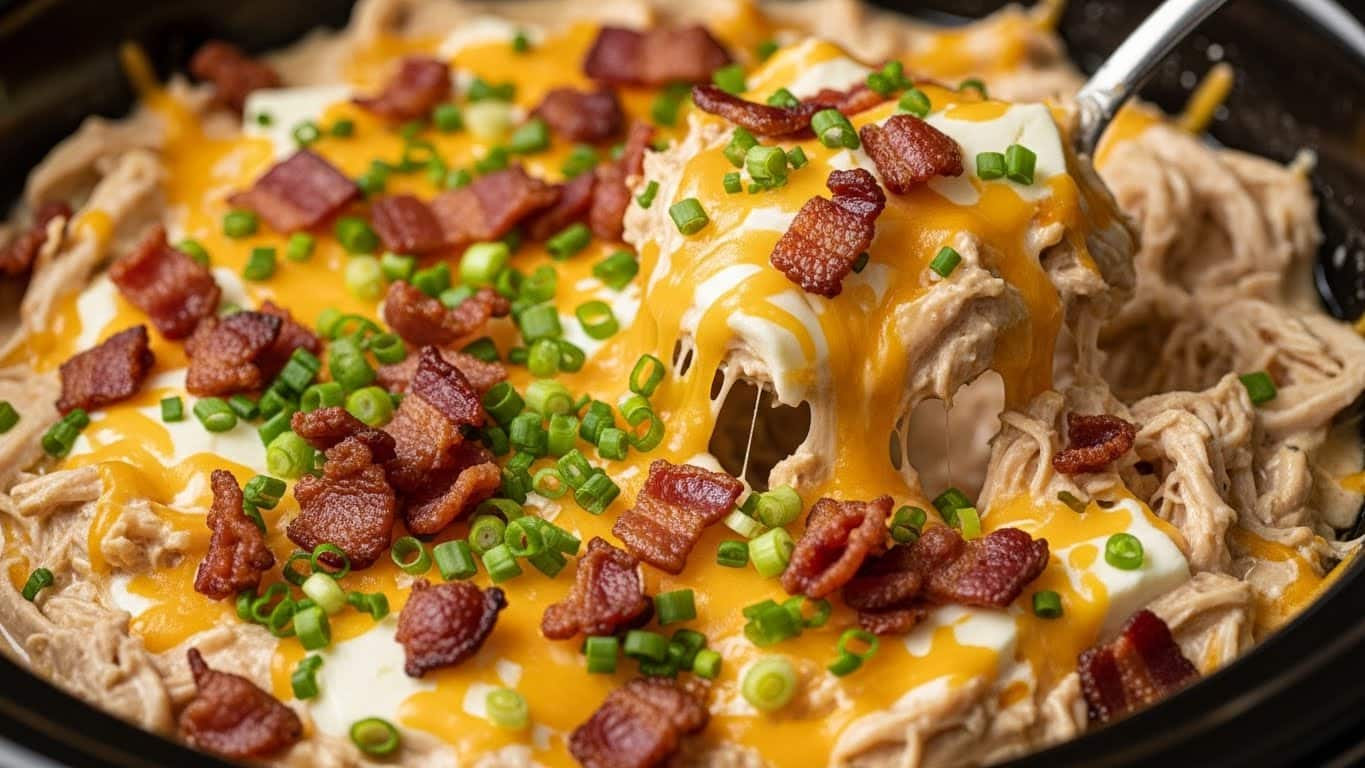 Creamy Crockpot Crack Chicken made with ranch seasoning, shredded chicken, and cheese