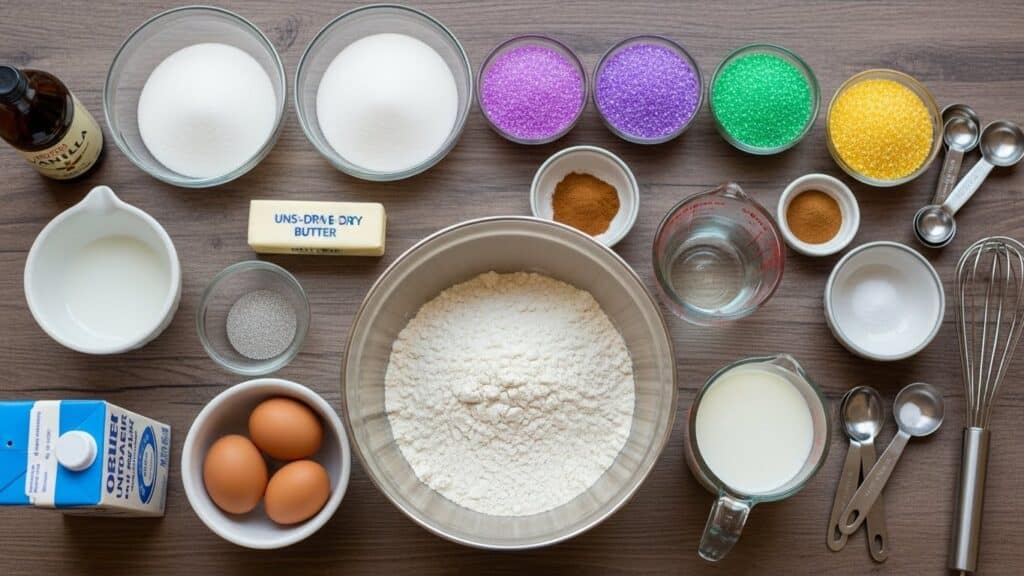 Easy King Cake with Cinnamon Rolls decorated with colored sugar