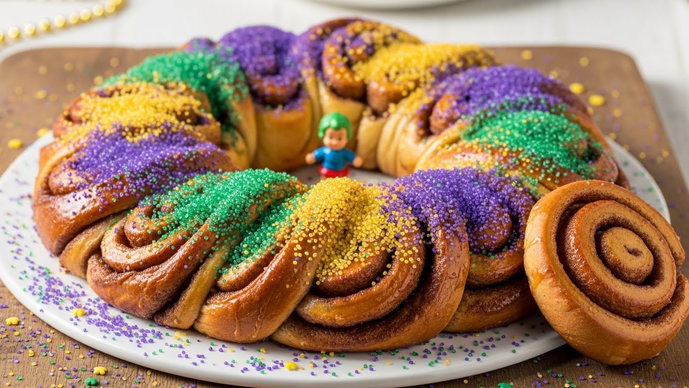 Easy King Cake with Cinnamon Rolls decorated with colored sugar