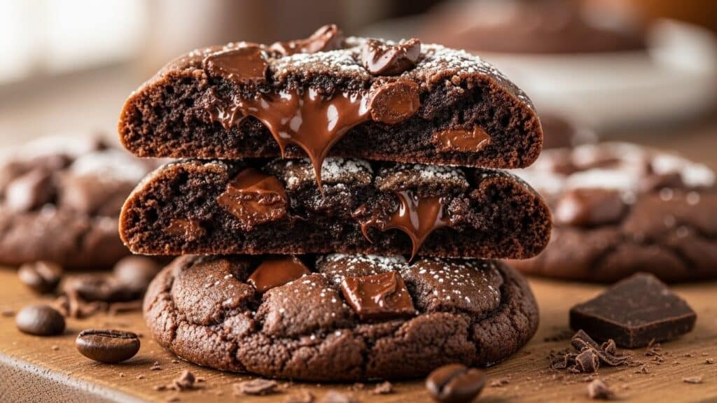 Freshly baked espresso chocolate chip cookies cooling on parchment paper