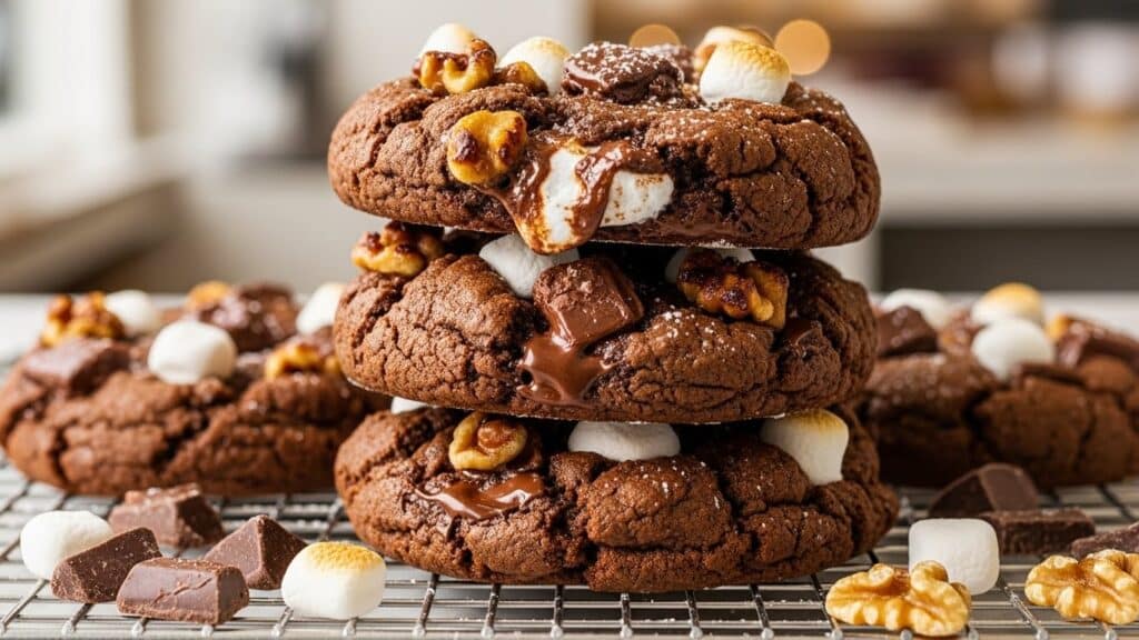 Close-up of thick Levain Bakery Rocky Road Cookies packed with chocolate chips, gooey mini marshmallows, and chopped cashews on a parchment-lined baking tray.