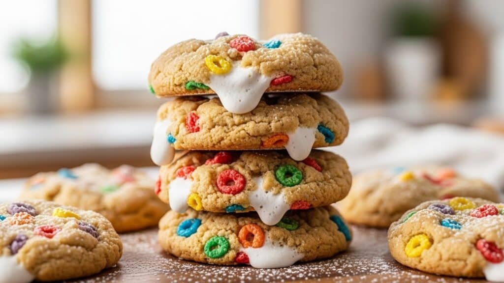 Soft Fruity Pebble Marshmallow Cookies coated in colorful cereal with a gooey marshmallow center