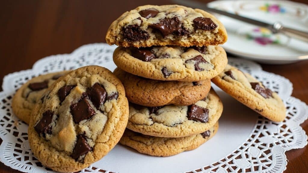 Vintage chocolate chip cookies baked soft and pale on a classic baking sheet