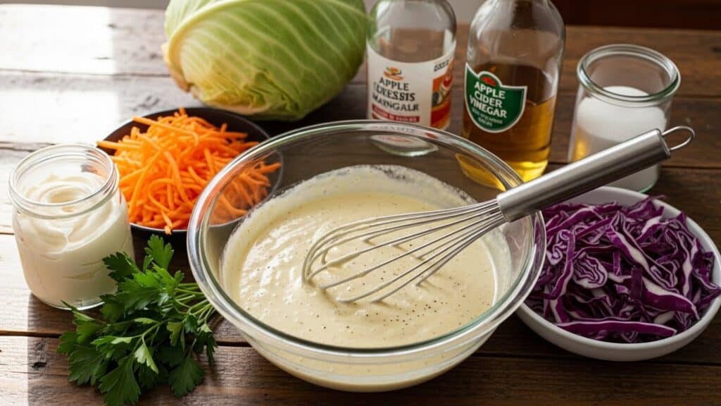 Easy coleslaw dressing in a jar with fresh cabbage