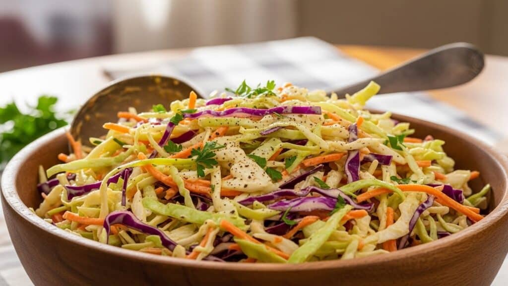 Old-Fashioned Creamy Coleslaw in a bowl with classic mayo dressing